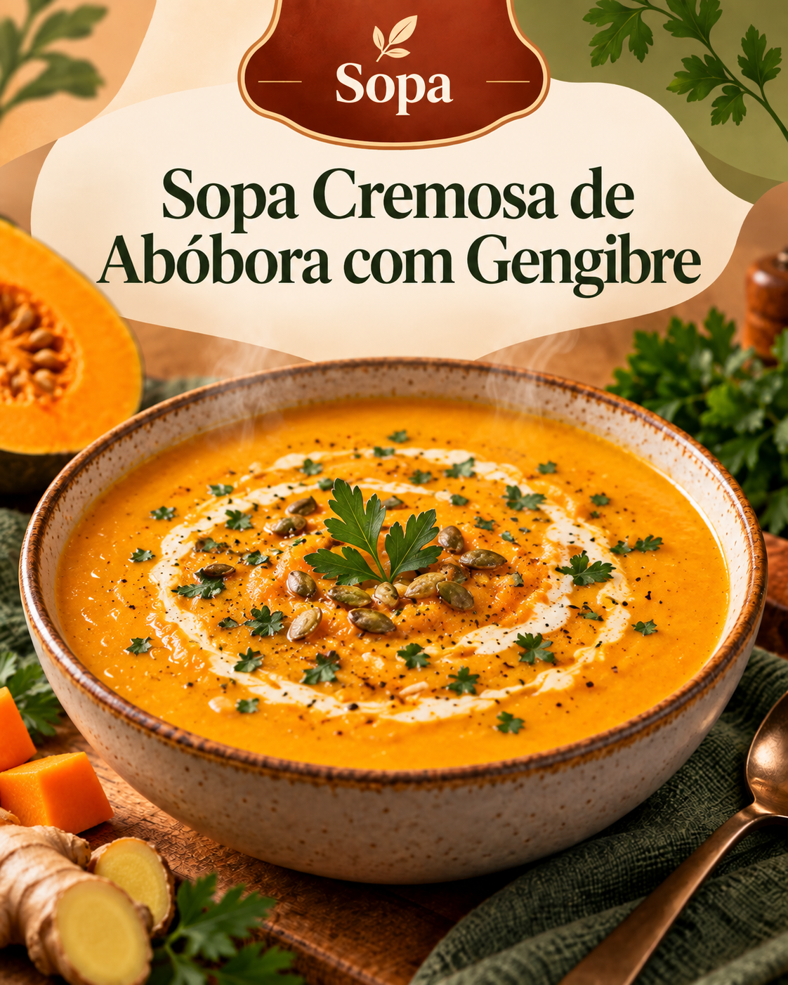 Sopa cremosa de abóbora com gengibre