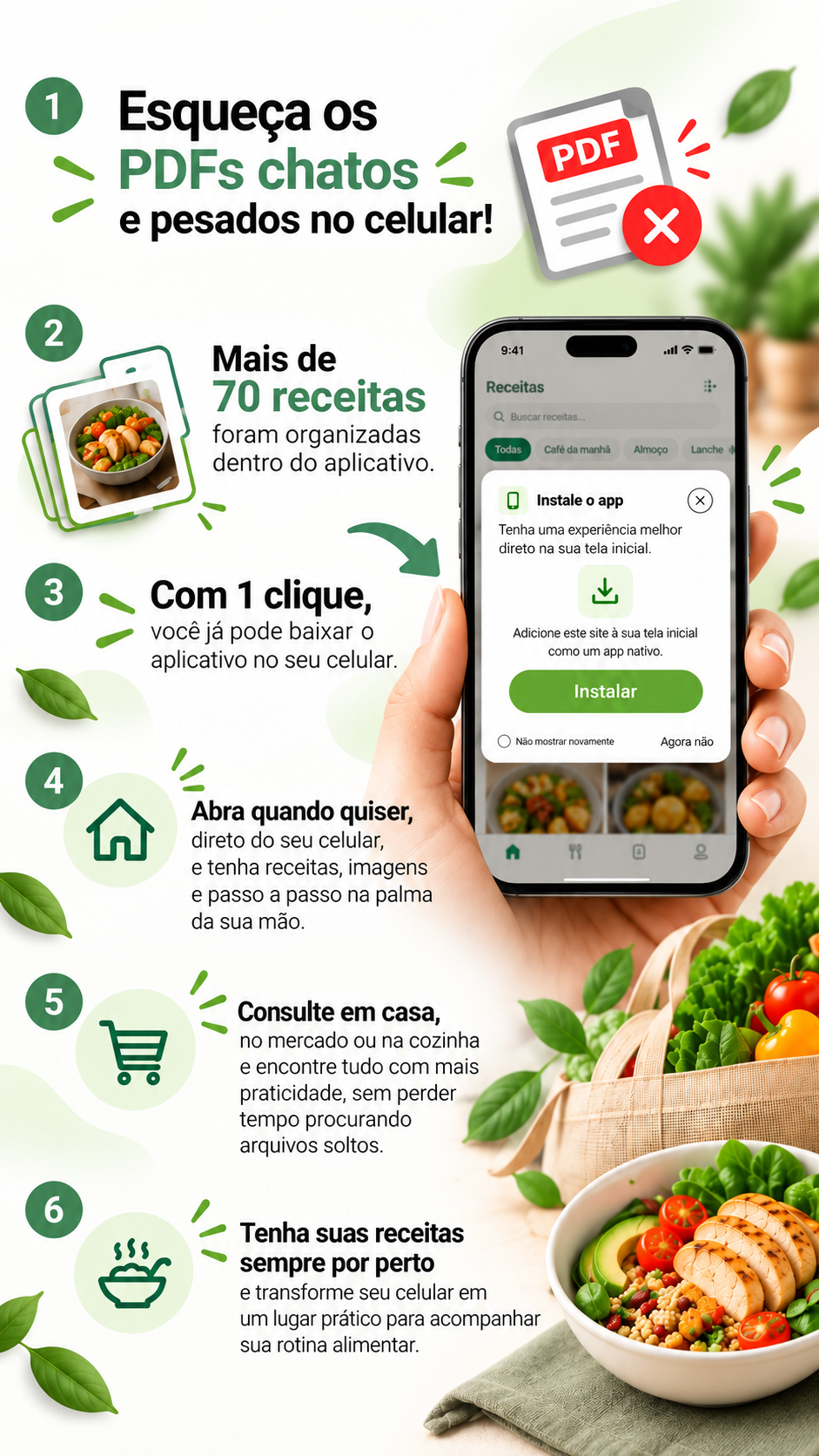 Passo a passo visual para instalar o aplicativo e acessar as receitas pelo celular
