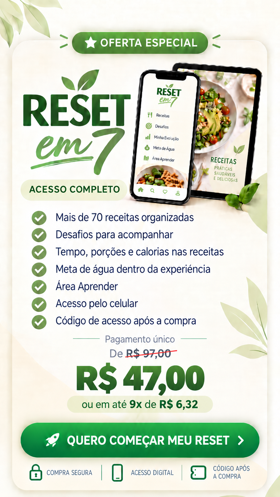 Oferta especial do aplicativo com acesso completo, receitas, desafios, meta de água e área Aprender